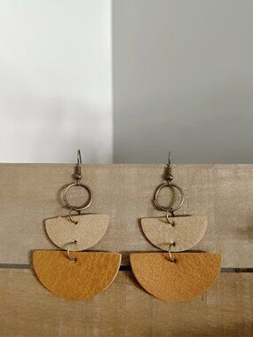 New Handmade Boho Faux Leather Layered Semi-Circle Dangle Earrings - Tan